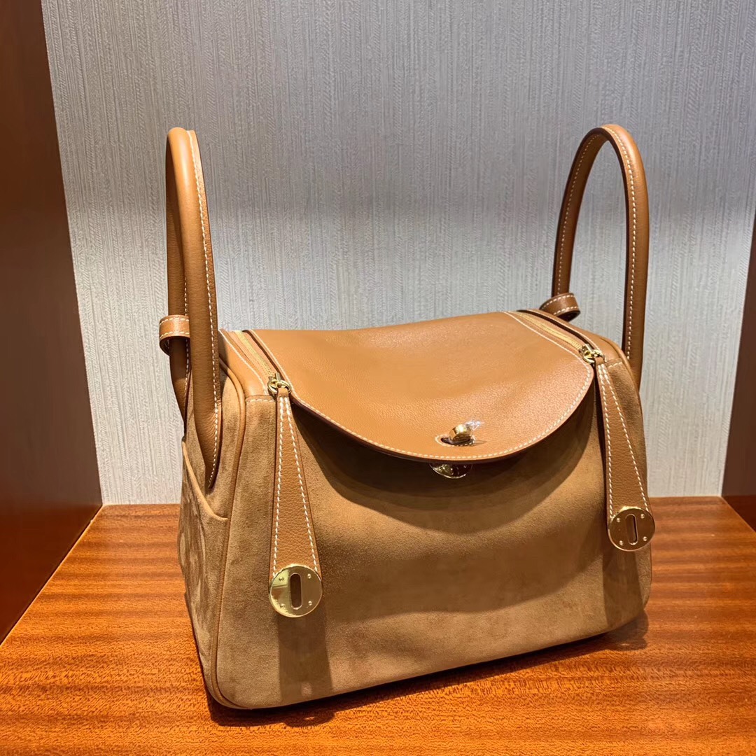 愛馬仕林迪包官網價格 Hermes Lindy 30cm 麂皮絨拼Everycolor ck37金棕色