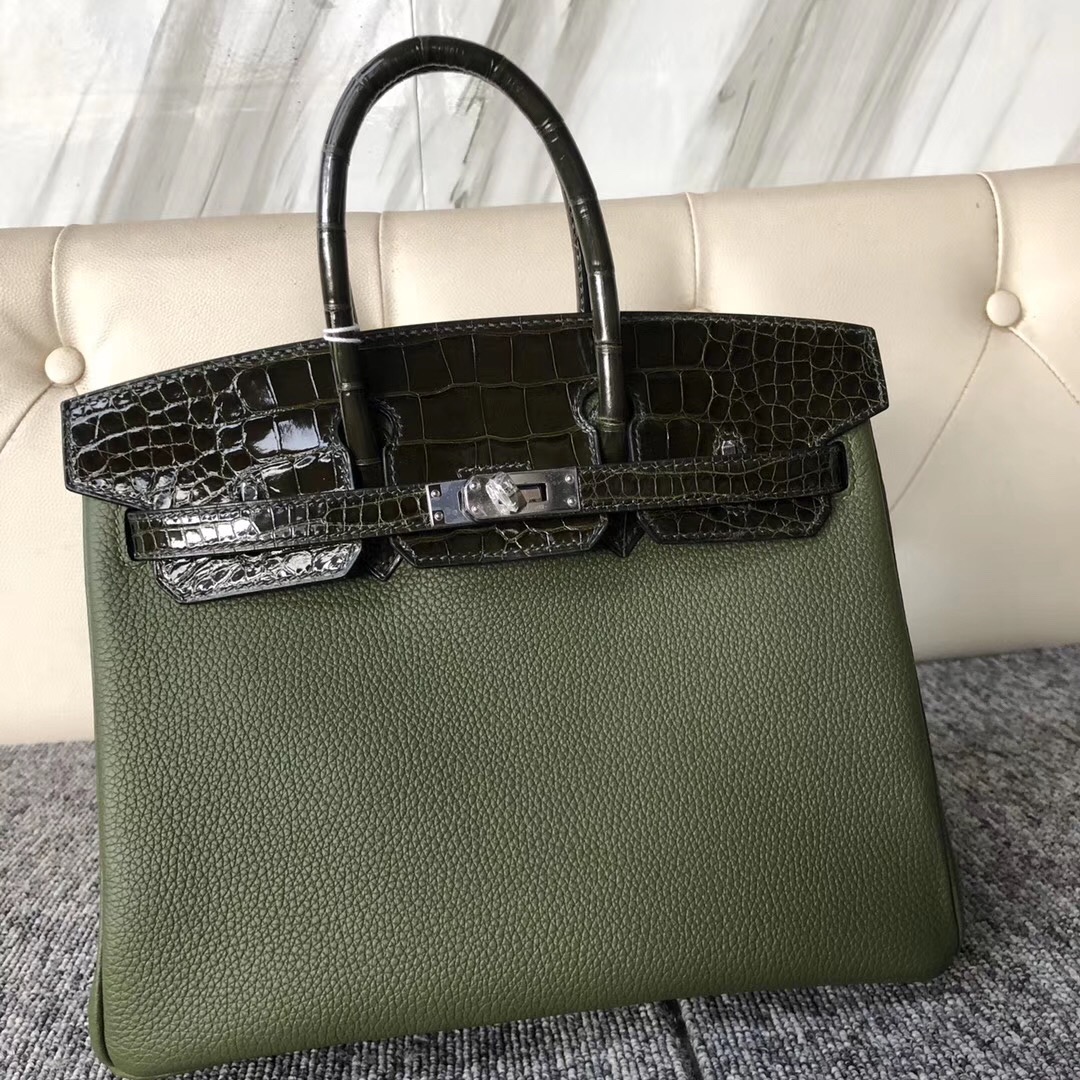 愛馬仕包包官網 Hermes Birkin 25cm Touch togo V6丛林绿Canopee/美洲鱷 6H橄欖綠