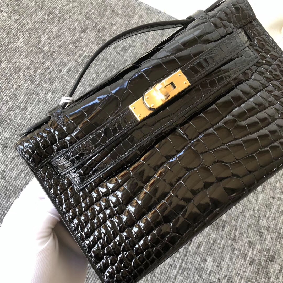 愛馬仕mini kelly壹代 Hermes MiniKelly Pochette 美洲鱷 供珠鱷 CK89 黑色 Noir