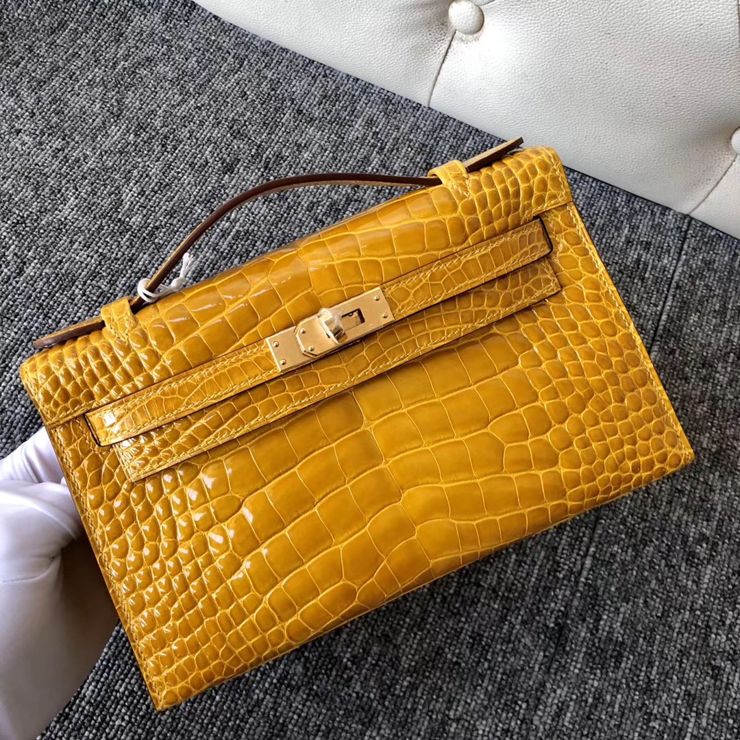 愛馬仕 minikelly壹代二代區別 Hermes MiniKelly Pochette 9D琥珀黃 Amber 美洲鱷