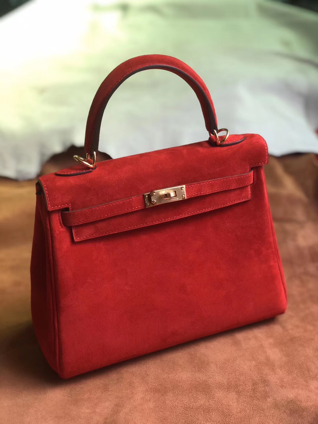 愛馬仕內縫凱莉包 Hermes Kelly 25cm 羊皮反絨 S3心紅色 Rose de coeur 麂皮