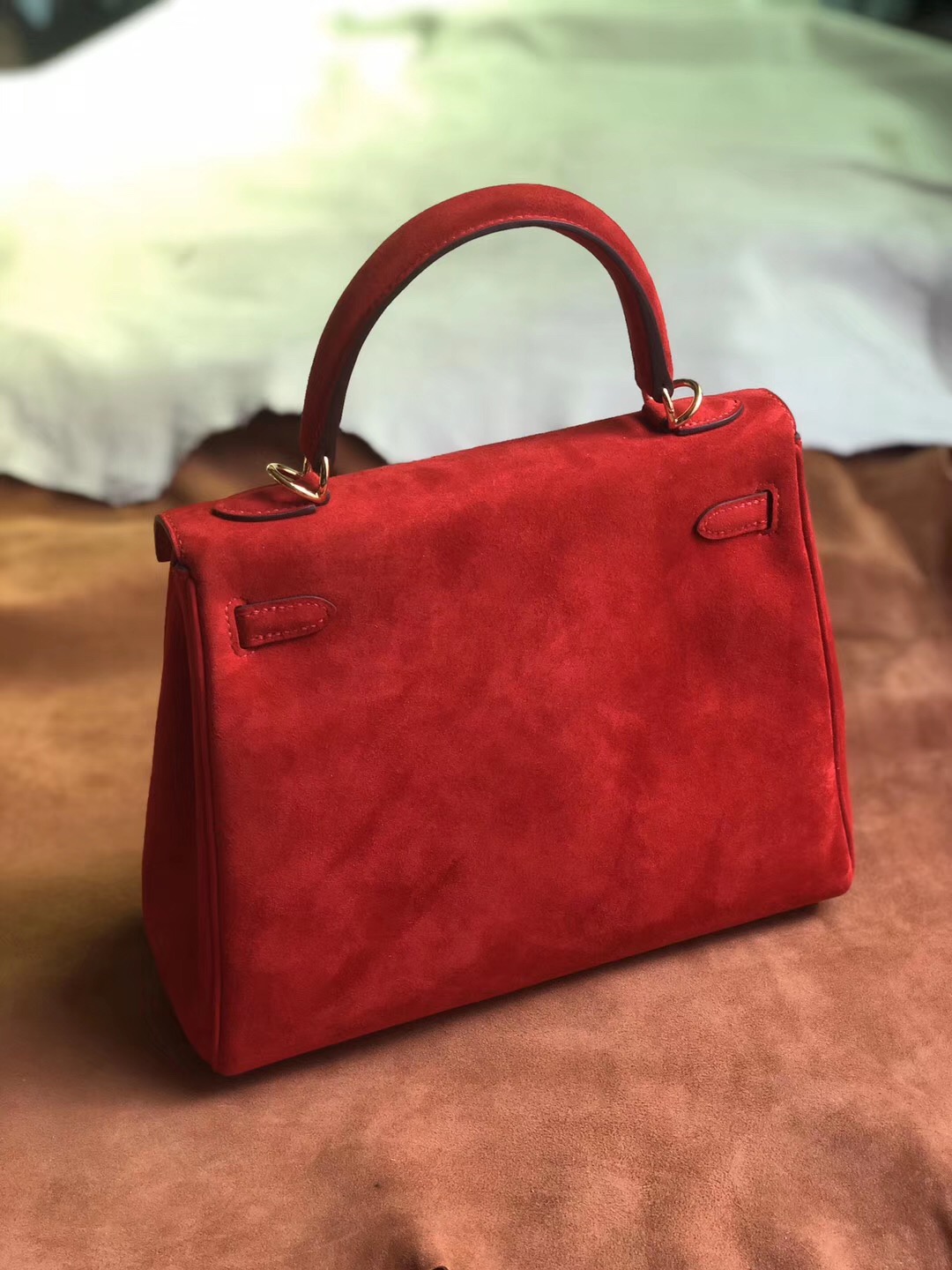 愛馬仕內縫凱莉包 Hermes Kelly 25cm 羊皮反絨 S3心紅色 Rose de coeur 麂皮