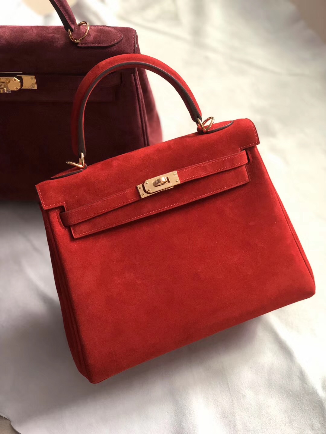 愛馬仕內縫凱莉包 Hermes Kelly 25cm 羊皮反絨 S3心紅色 Rose de coeur 麂皮