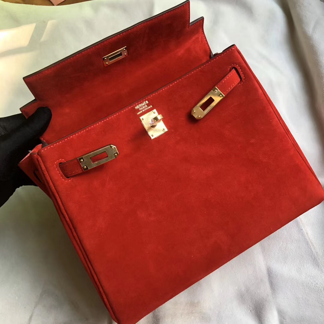 愛馬仕內縫凱莉包 Hermes Kelly 25cm 羊皮反絨 S3心紅色 Rose de coeur 麂皮