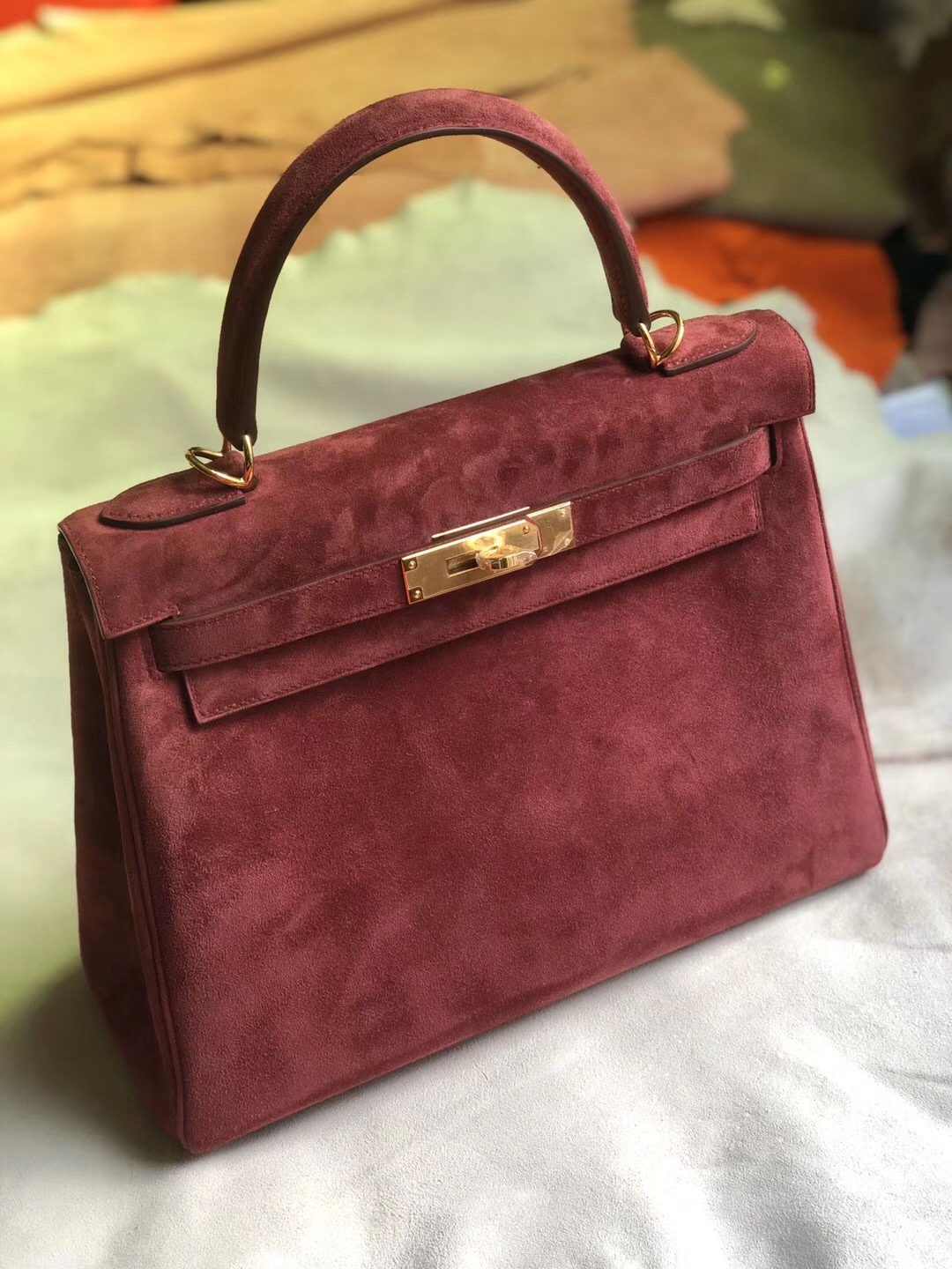 臺灣高雄市Hermes Kelly 25cm 羊皮反絨 愛馬仕 K1 Rouge Grenat 石榴紅麂皮