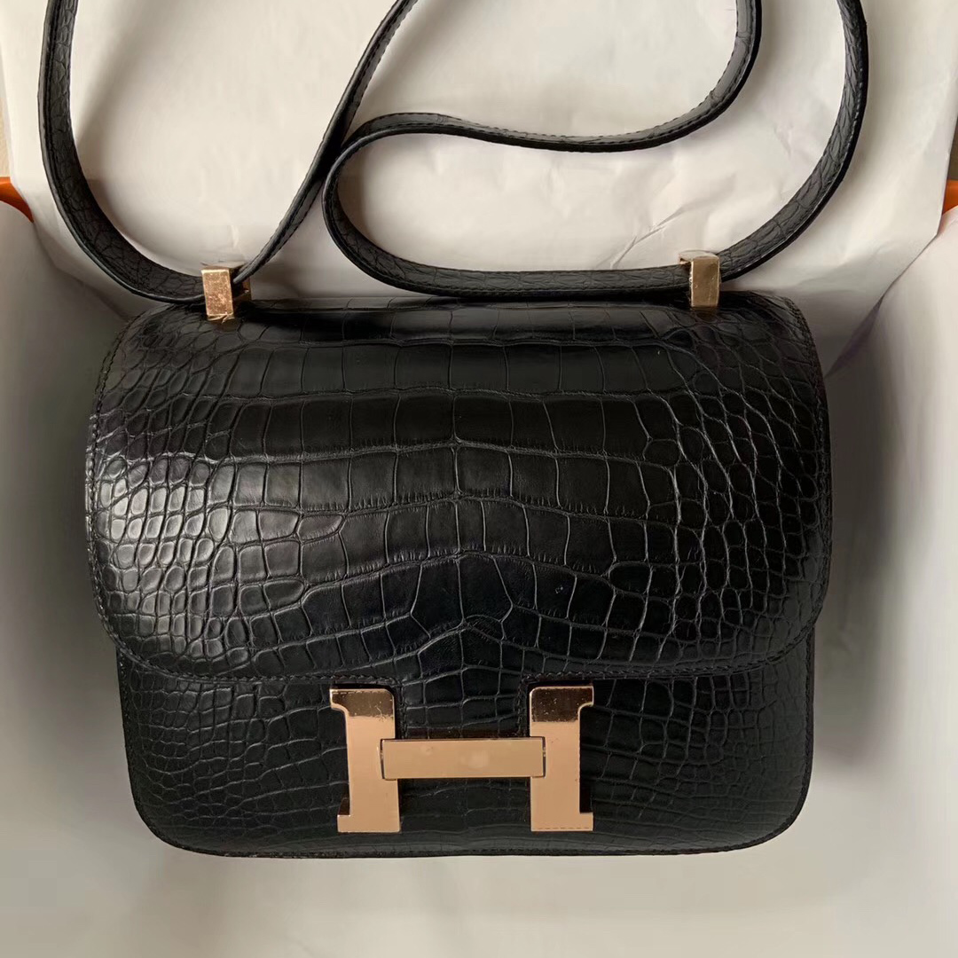 Hermes Constance 24cm 霧面方塊 美洲鱷魚 CK89黑色 Noir 玫瑰金扣