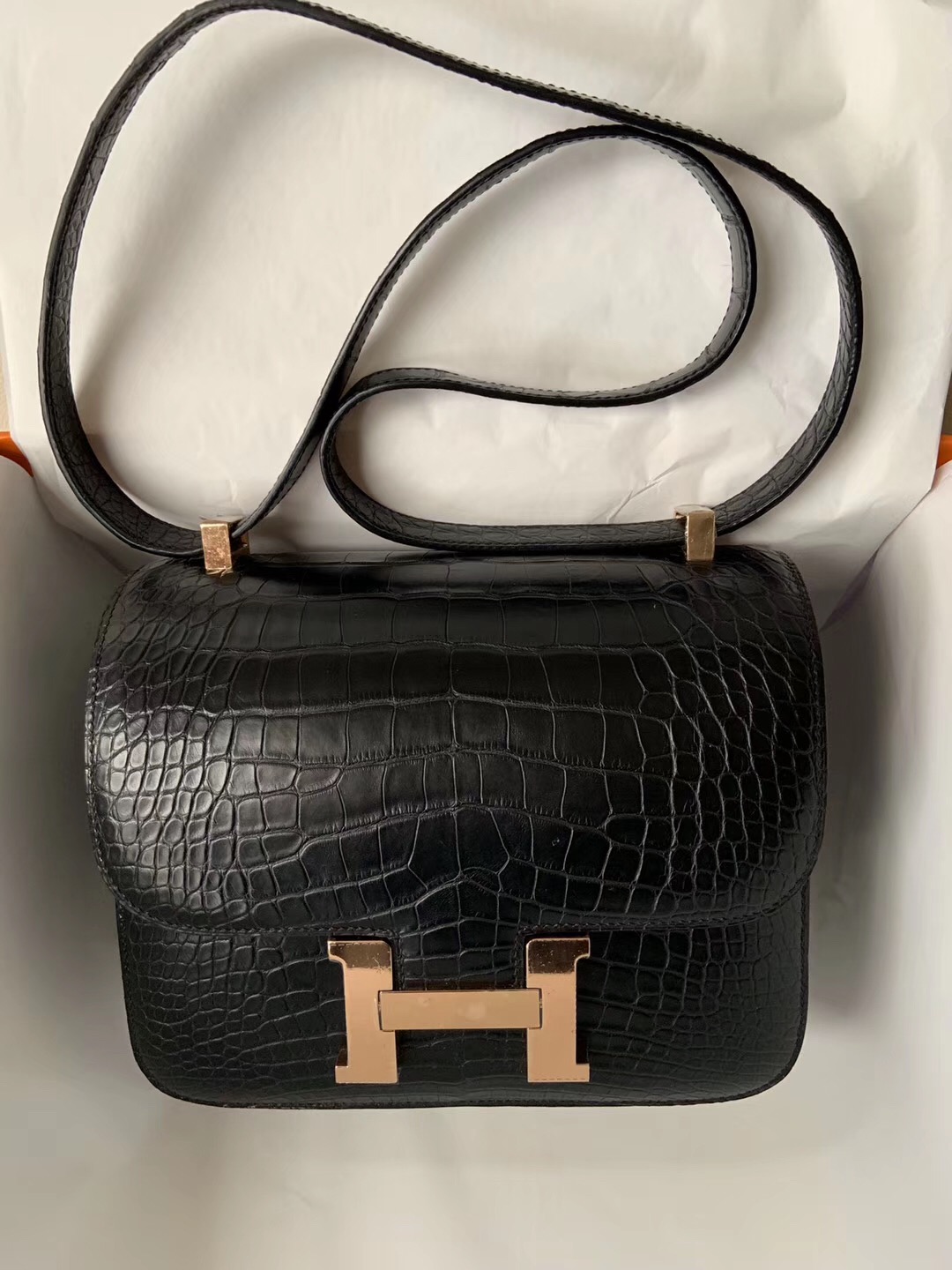 Hermes Constance 24cm 霧面方塊 美洲鱷魚 CK89黑色 Noir 玫瑰金扣