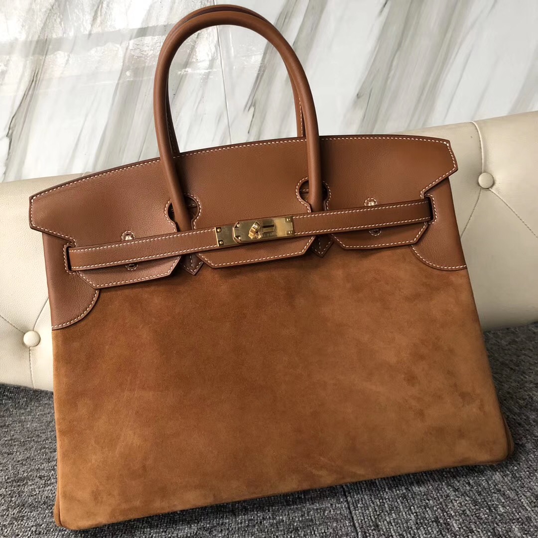 臺灣桃園市愛馬仕鉑金包價格 Hermes Birkin 35cm 麂皮拼Swift ck37金棕色 gold