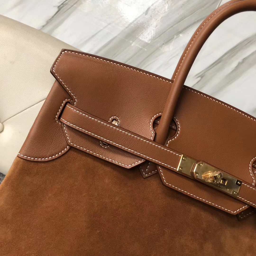 臺灣桃園市愛馬仕鉑金包價格 Hermes Birkin 35cm 麂皮拼Swift ck37金棕色 gold