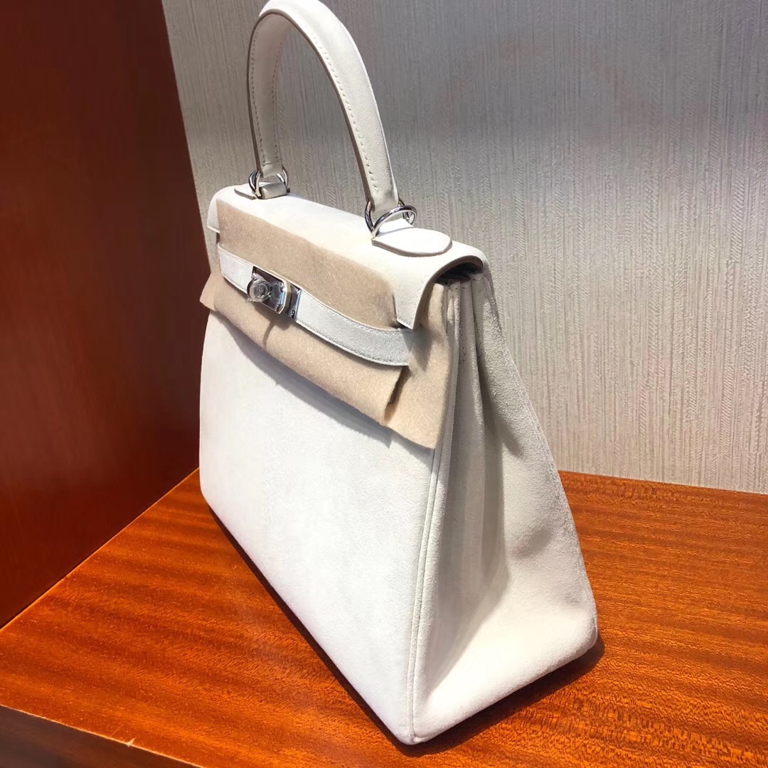 臺灣愛馬仕內縫凱莉包 Hermes Kelly 28cm 羊皮反絨麂皮 ck10奶昔白 Craie