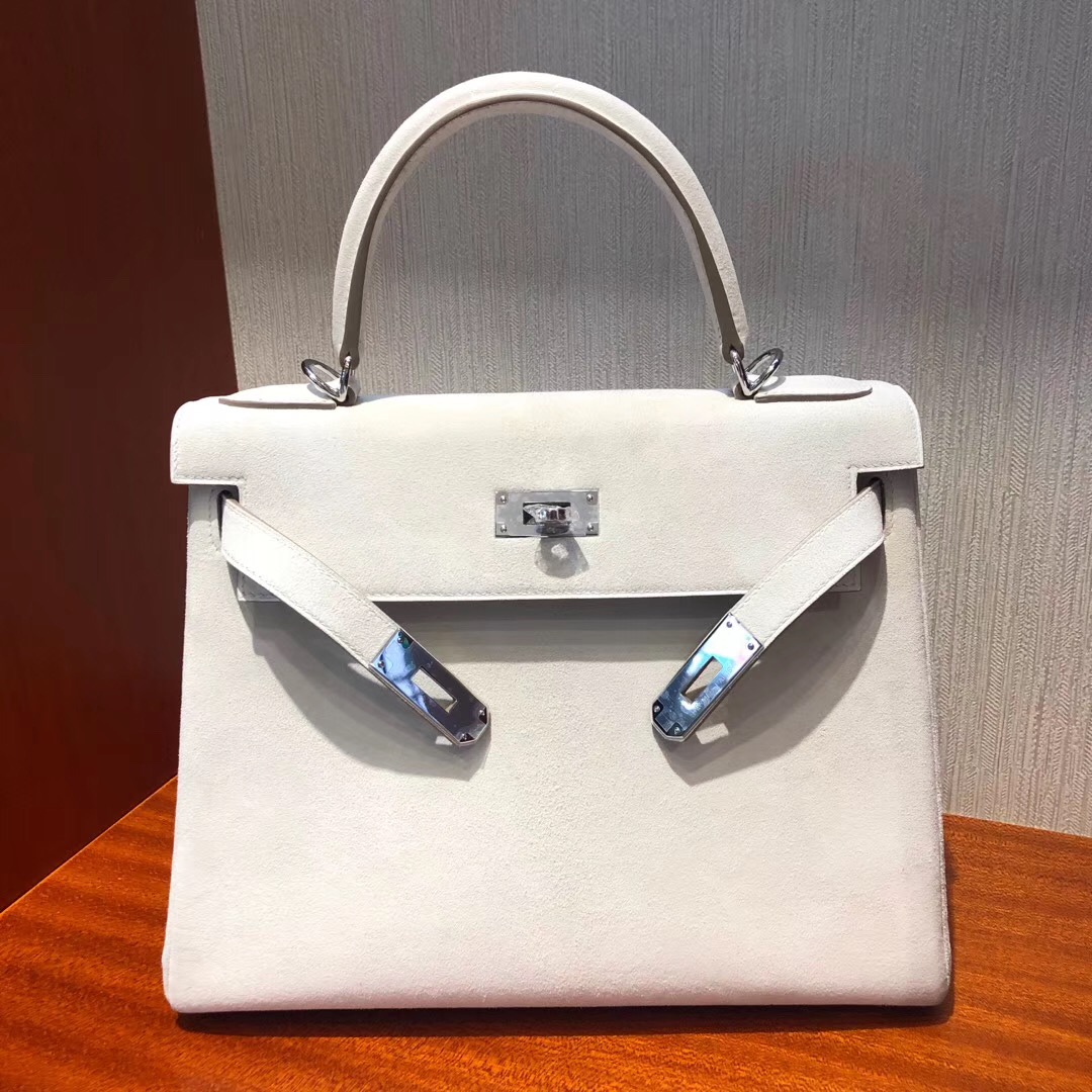 臺灣愛馬仕內縫凱莉包 Hermes Kelly 28cm 羊皮反絨麂皮 ck10奶昔白 Craie