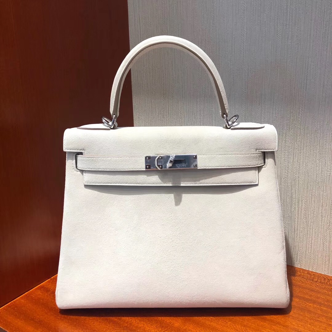 臺灣愛馬仕內縫凱莉包 Hermes Kelly 28cm 羊皮反絨麂皮 ck10奶昔白 Craie