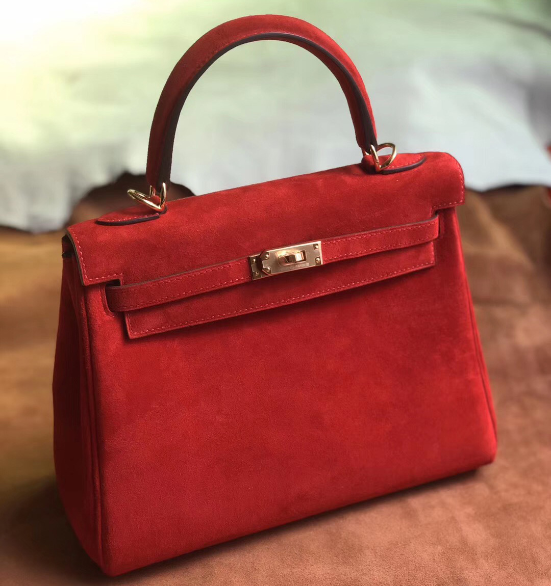 愛馬仕內縫凱莉包 Hermes Kelly 25cm 羊皮反絨 S3心紅色 Rose de coeur 麂皮