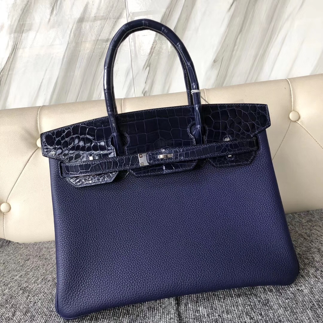 香港鉑金包定制 Hermes Birkin 30cm Touch M3墨水藍Blue Encre Togo 美洲鱷