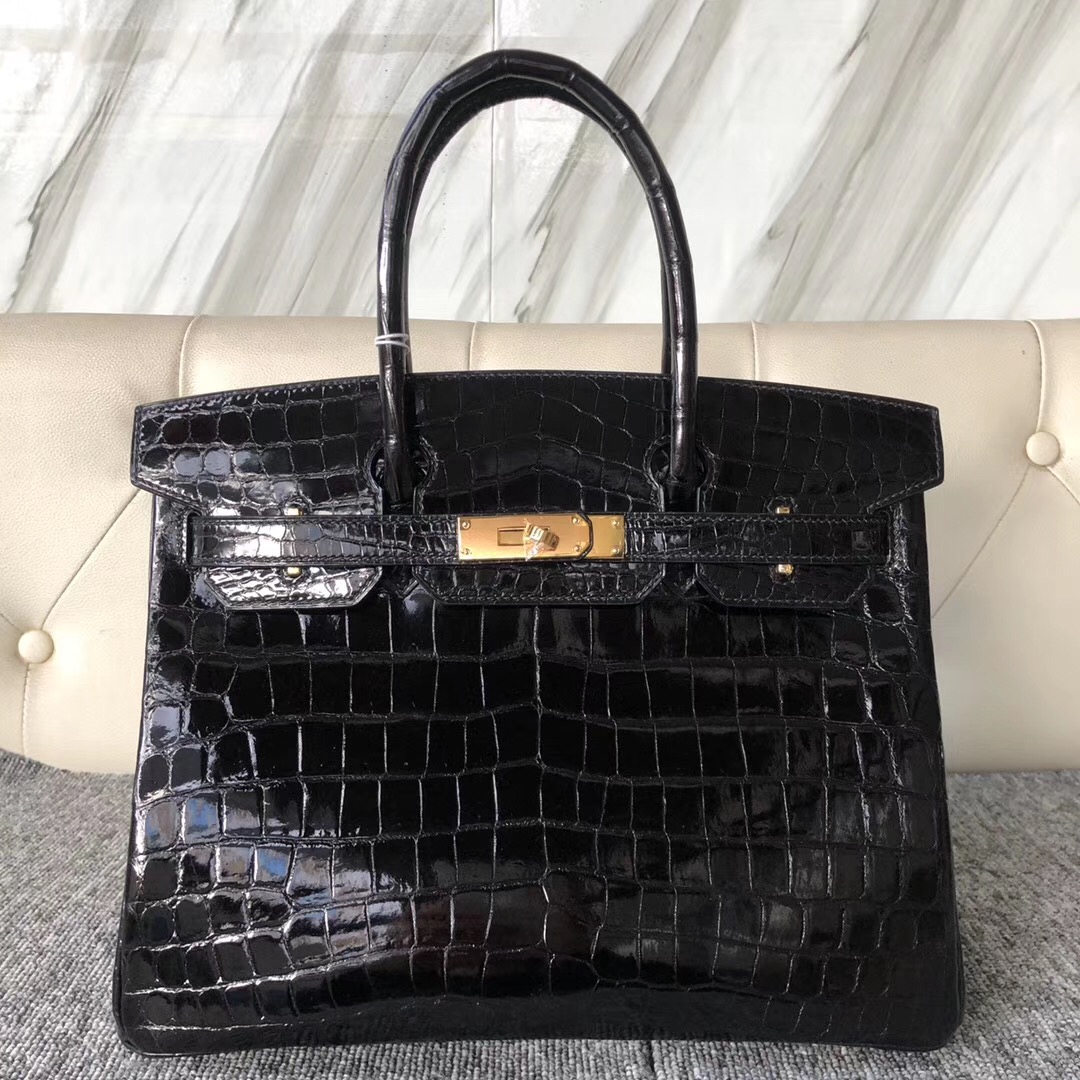 香港愛馬仕鉑金包定制 Hermes Birkin 30cm 尼羅鱷 ck89 黑色 Noir 鍍24k金