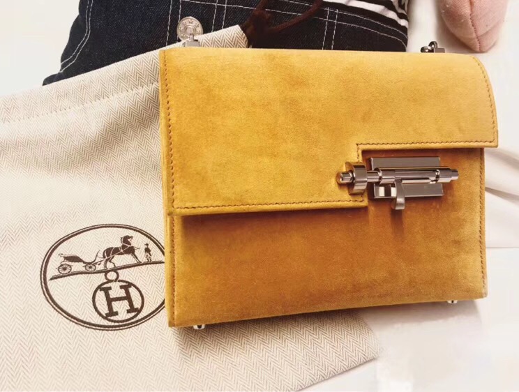 Hermes Lindy Verrou 9D琥珀黄 Amber Doblis Suede 山羊皮 麂皮绒