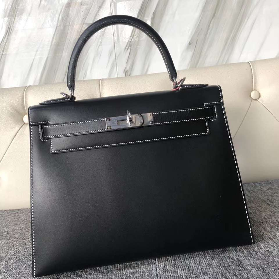 新加坡愛馬仕外縫凱莉包 Singapore Hermes Kelly 25cm Box ck89黑色 白色線