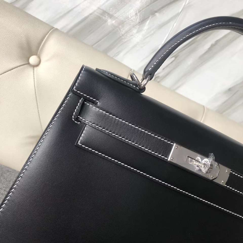 新加坡愛馬仕外縫凱莉包 Singapore Hermes Kelly 25cm Box ck89黑色 白色線