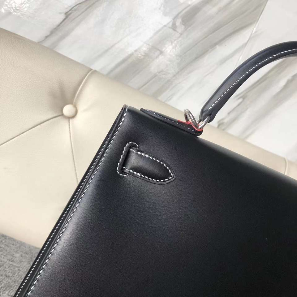 新加坡愛馬仕外縫凱莉包 Singapore Hermes Kelly 25cm Box ck89黑色 白色線