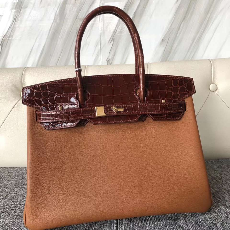 Hermes Birkin 30cm Touch CK37金棕色/CC31蜜糖棕 美洲鱷 拼 Evecolor牛皮