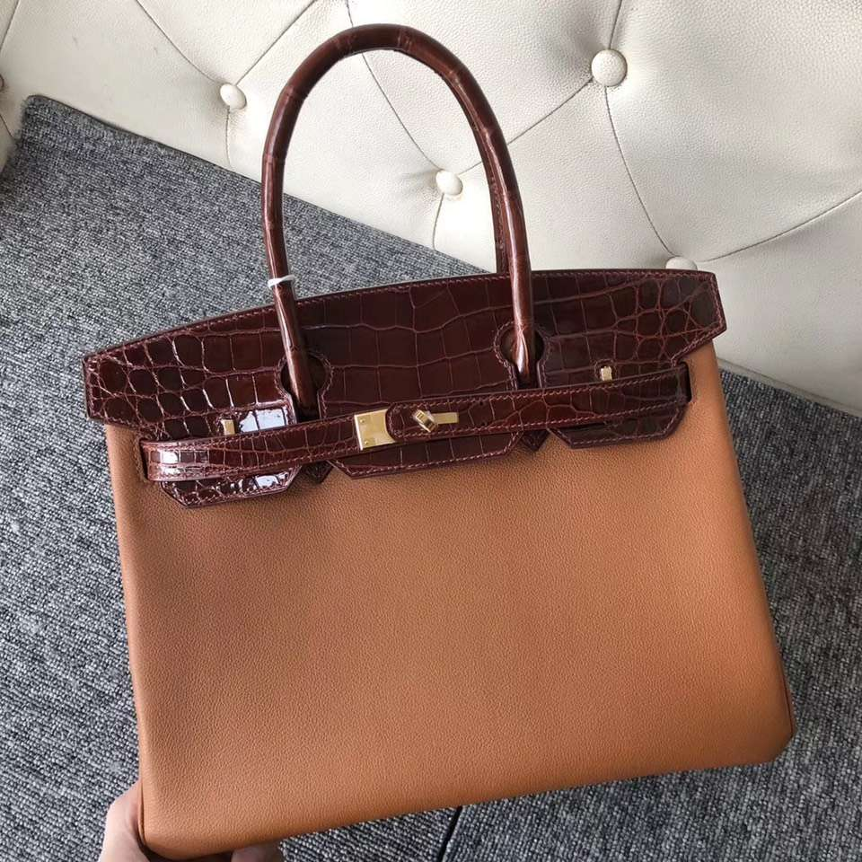 Hermes Birkin 30cm Touch CK37金棕色/CC31蜜糖棕 美洲鱷 拼 Evecolor牛皮