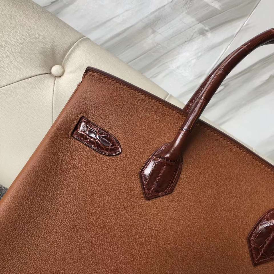 Hermes Birkin 30cm Touch CK37金棕色/CC31蜜糖棕 美洲鱷 拼 Evecolor牛皮