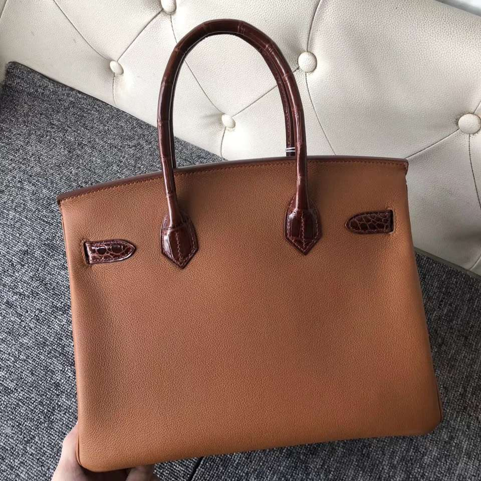 Hermes Birkin 30cm Touch CK37金棕色/CC31蜜糖棕 美洲鱷 拼 Evecolor牛皮