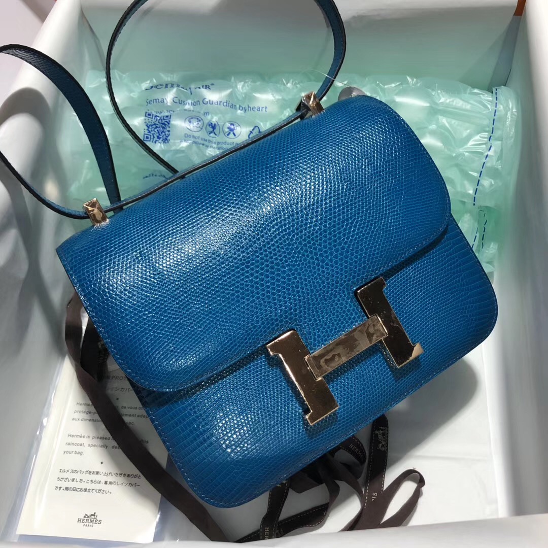 臺灣高雄市Hermes Constance 24cm 7w伊茲密爾藍 Blue Izmir 玫瑰金扣 蜥蜴皮