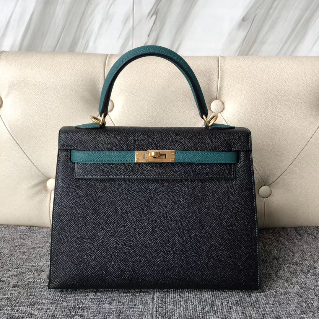 臺灣新竹市愛馬仕 Hermes Kelly 25cm Hss CK89黑色/Z6孔雀綠 Epsom 磨砂金扣 馬蹄印