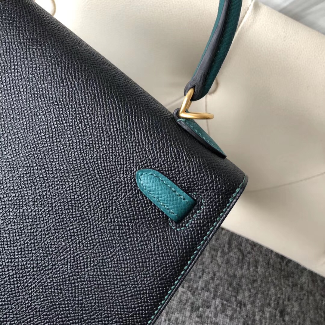 臺灣新竹市愛馬仕 Hermes Kelly 25cm Hss CK89黑色/Z6孔雀綠 Epsom 磨砂金扣 馬蹄印