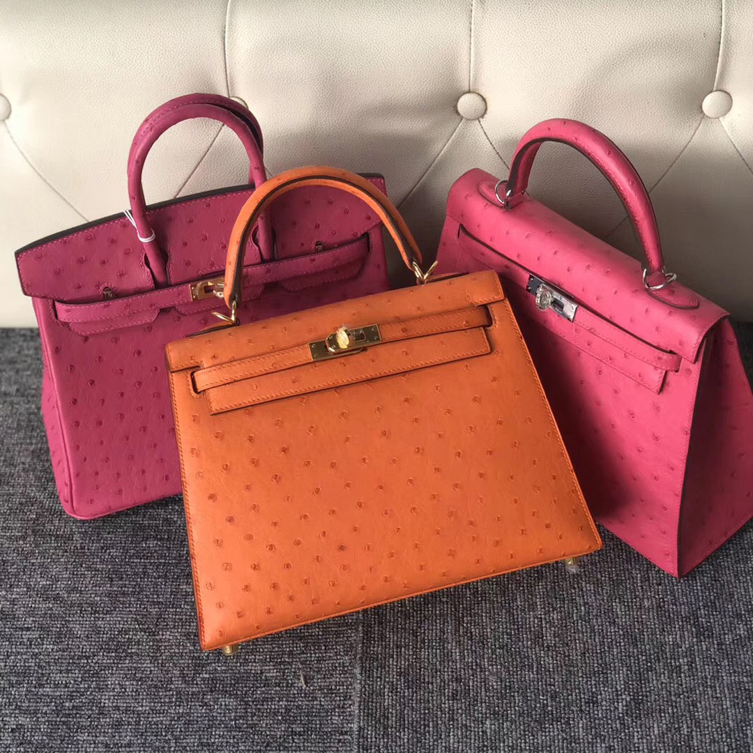 Taiwan Hermes Kelly 25cm Ostrich CK93橙色 Orange E5桃紅色 Rose Tyrien