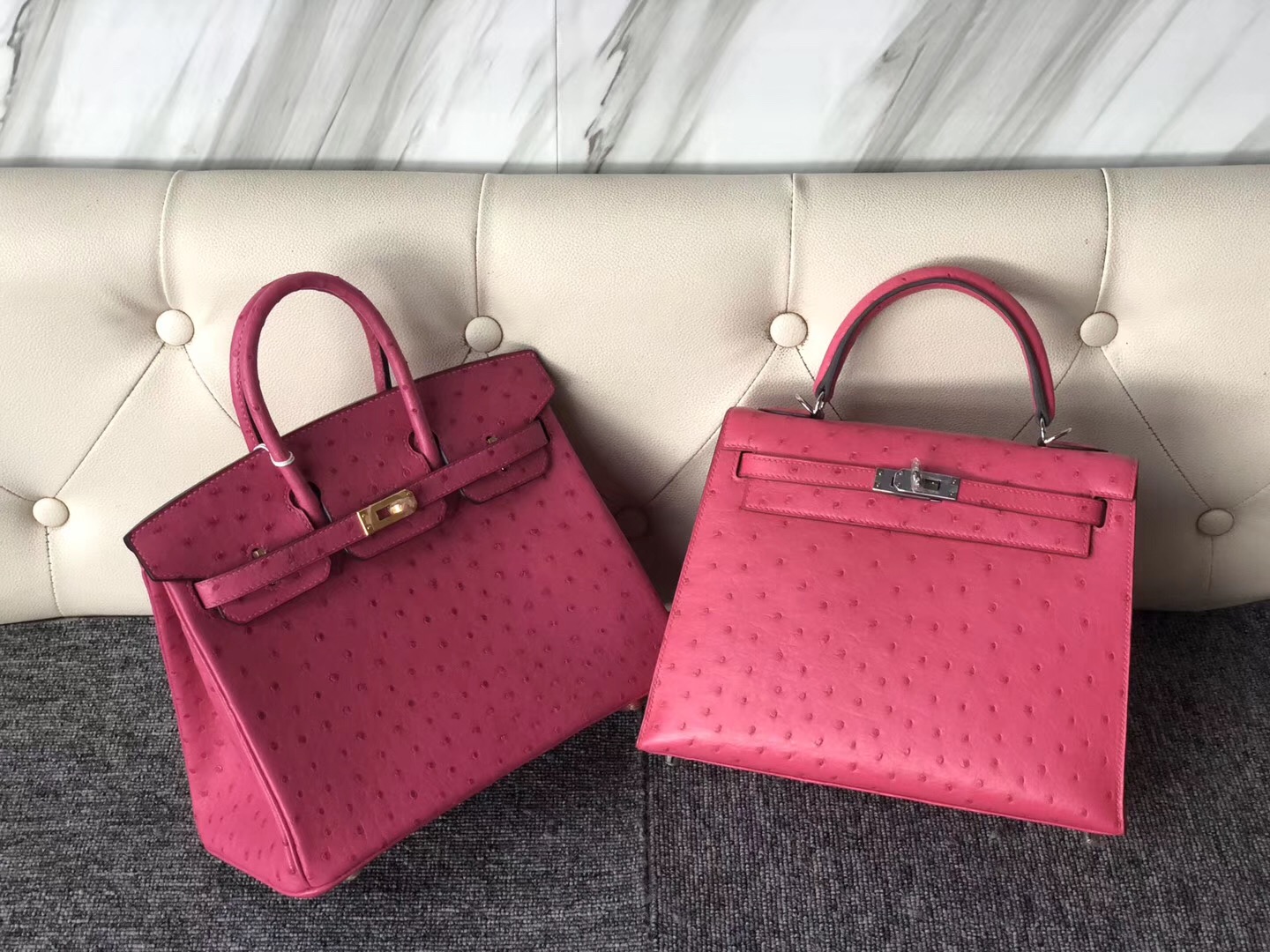 Taiwan Hermes Kelly 25cm Ostrich CK93橙色 Orange E5桃紅色 Rose Tyrien