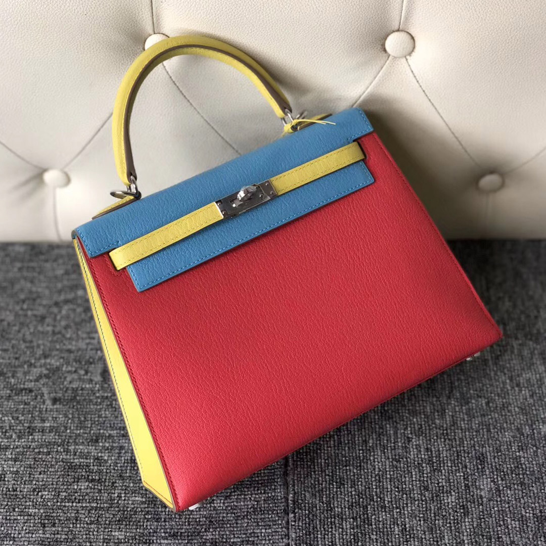 Hong Kong Hermes Kelly 25cm Hss Chevre三拼色 i6極致粉/7n糖果藍/9r檸檬黃