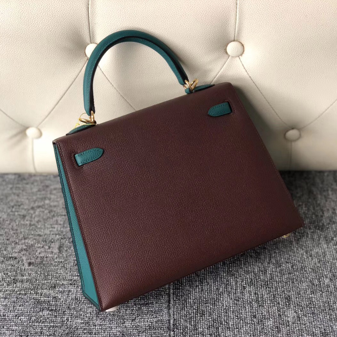 香港外縫拼色凱莉包 Hong Kong Hermes Kelly 25cm Hss ck57波爾多酒紅/7F孔雀藍