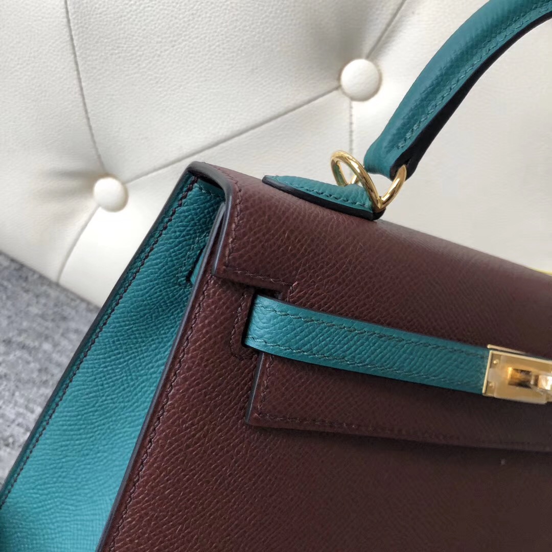 香港外縫拼色凱莉包 Hong Kong Hermes Kelly 25cm Hss ck57波爾多酒紅/7F孔雀藍