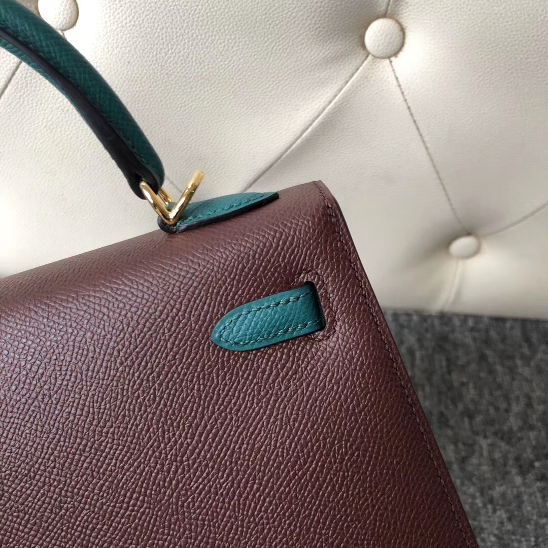 香港外縫拼色凱莉包 Hong Kong Hermes Kelly 25cm Hss ck57波爾多酒紅/7F孔雀藍