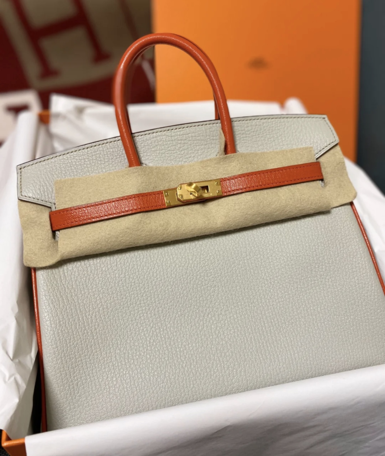 Hermes Birkin 25cm Hss 山羊皮 4Z海鷗灰 Girls Mouette 拼 9J Feu 火焰橙