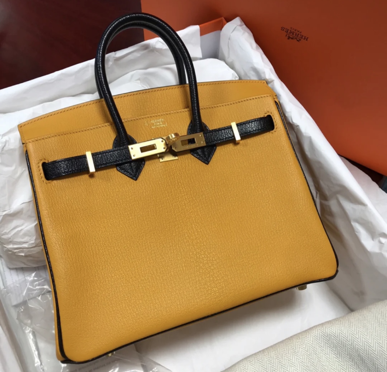 愛馬仕拼色鉑金包 Hermes Birkin 25cm 山羊皮 9V太陽黃 Jaune D’Or 拼黑色