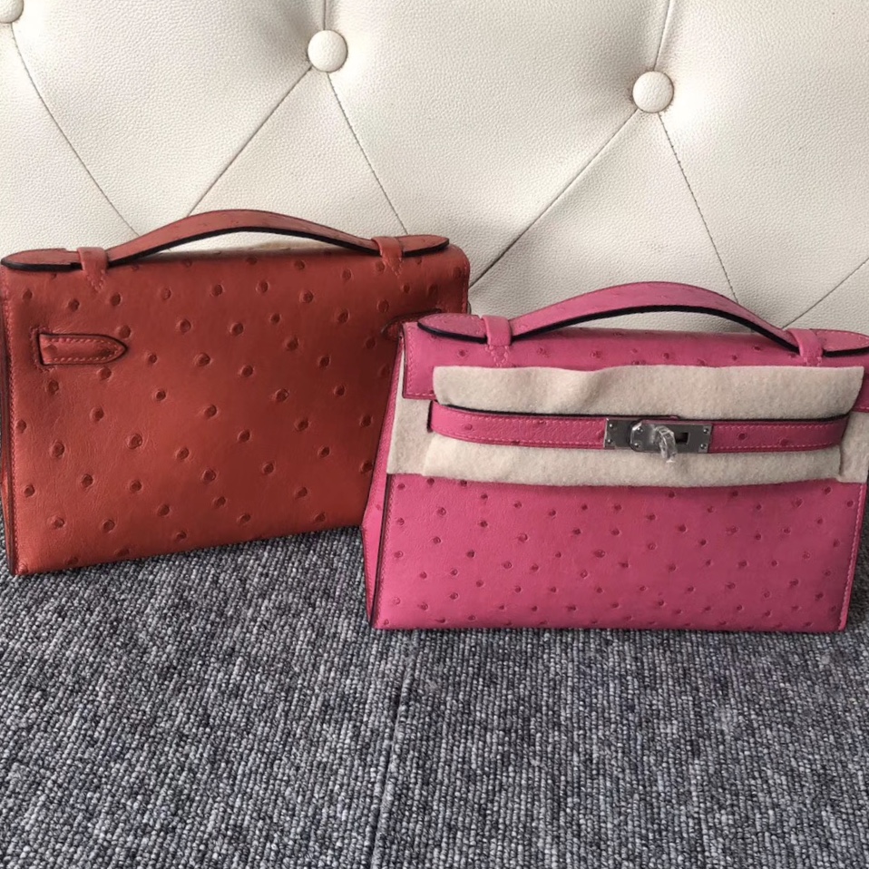 Taiwan Hermes Kelly Mini 2代 19cm  Q5國旗紅 E5桃紅色 Ostrich 南非鴕鳥皮