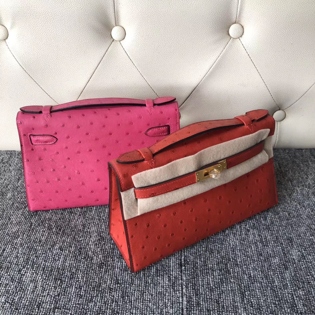 Taiwan Hermes Kelly Mini 2代 19cm  Q5國旗紅 E5桃紅色 Ostrich 南非鴕鳥皮