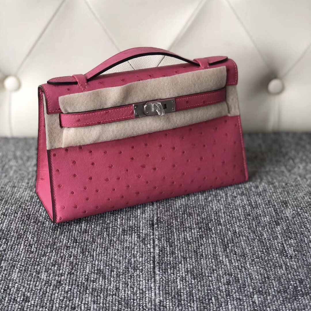 Taiwan Hermes Kelly Mini 2代 19cm  Q5國旗紅 E5桃紅色 Ostrich 南非鴕鳥皮