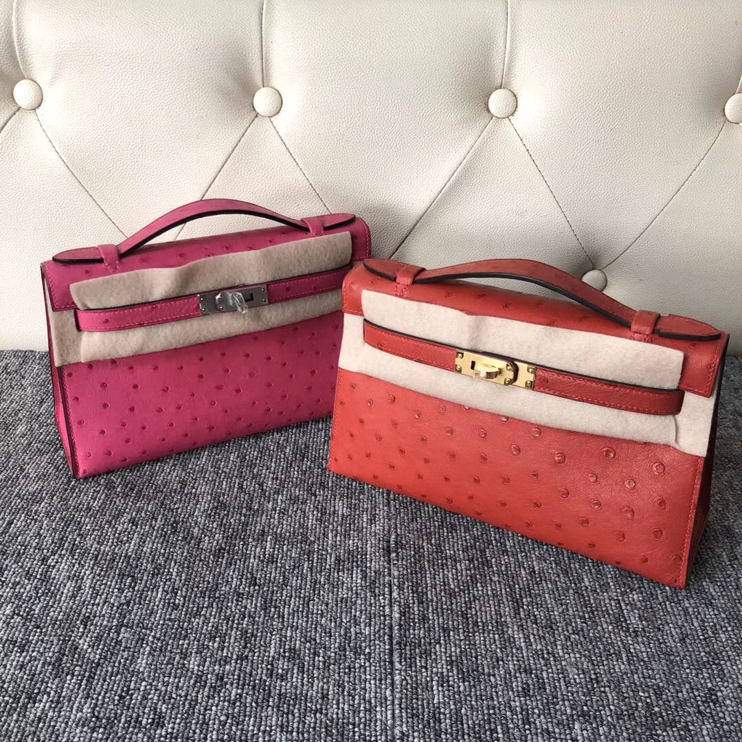 Taiwan Hermes Kelly Mini 2代 19cm  Q5國旗紅 E5桃紅色 Ostrich 南非鴕鳥皮