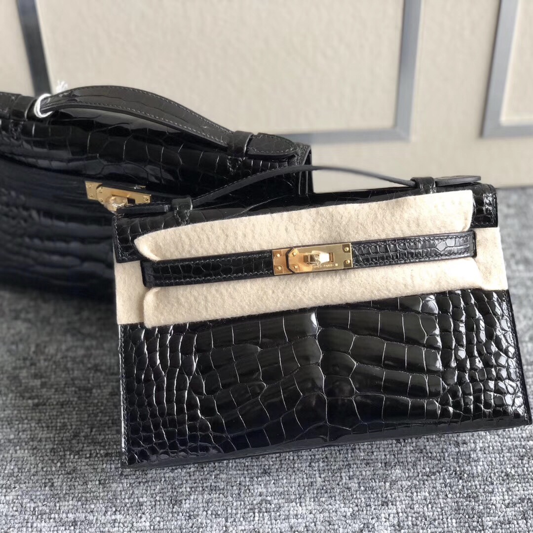 愛馬仕手拿包價格圖片 Hermes MiniKelly Pochette CK89黑色 Noir 供珠美洲鱷