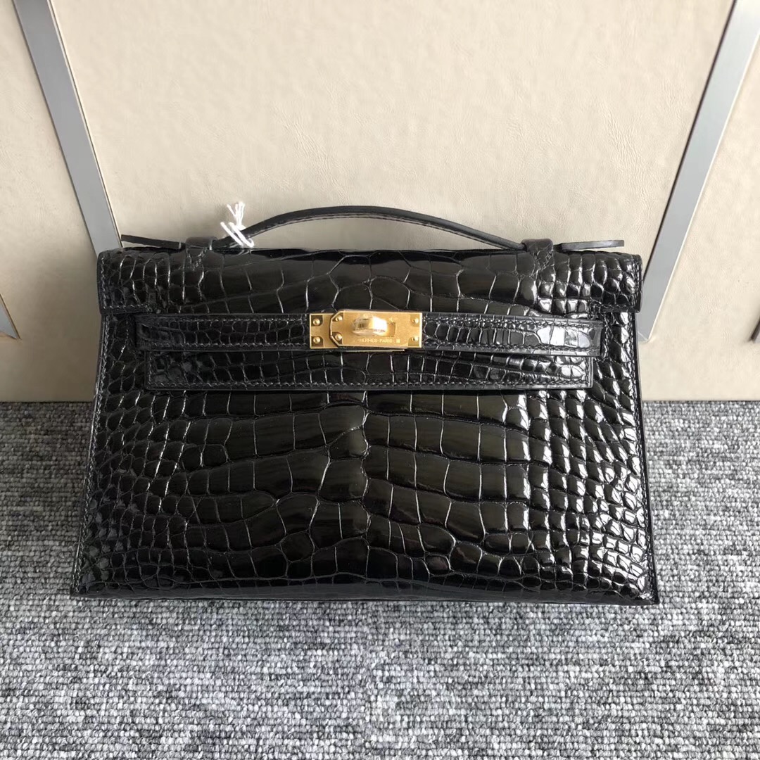 愛馬仕手拿包價格圖片 Hermes MiniKelly Pochette CK89黑色 Noir 供珠美洲鱷