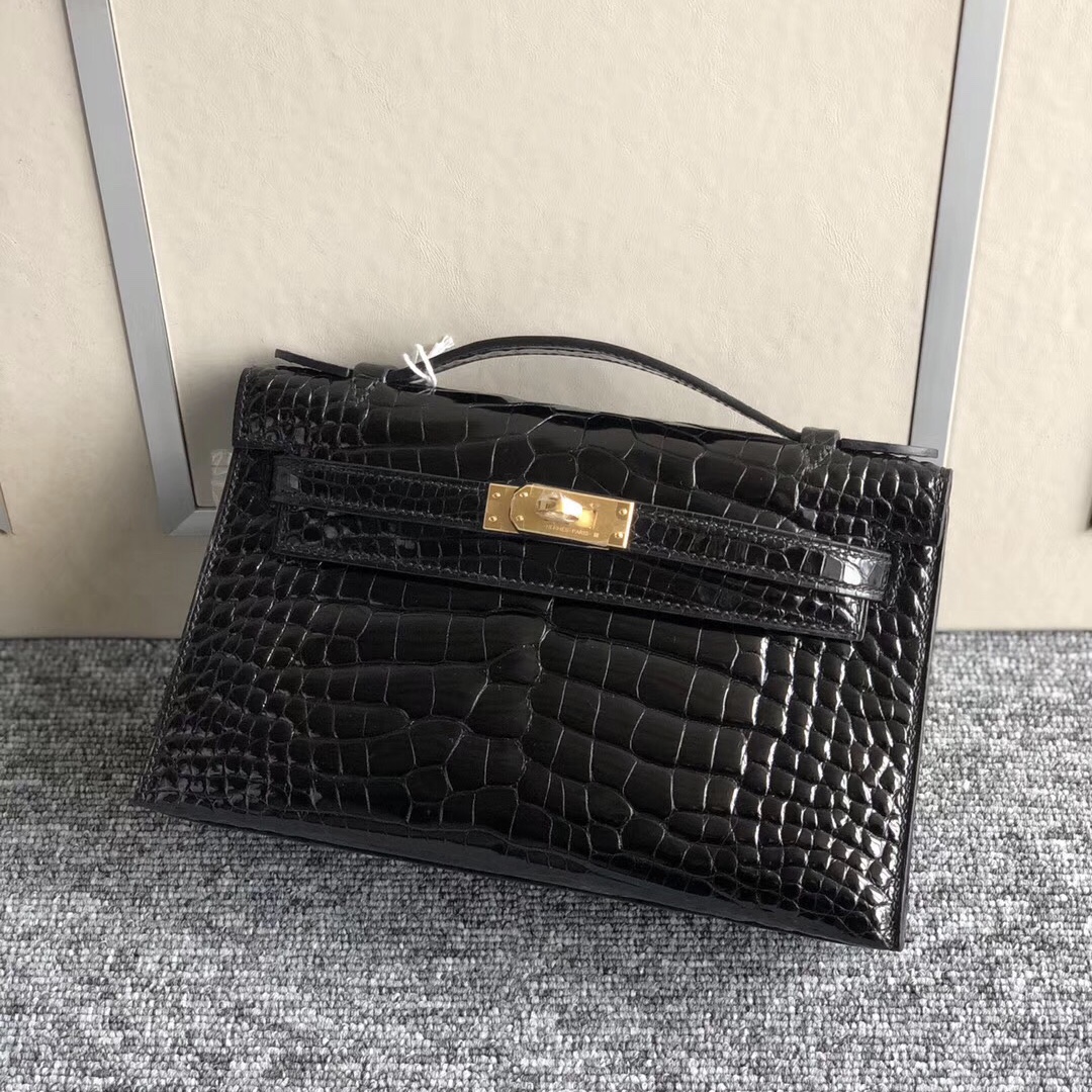 愛馬仕手拿包價格圖片 Hermes MiniKelly Pochette CK89黑色 Noir 供珠美洲鱷