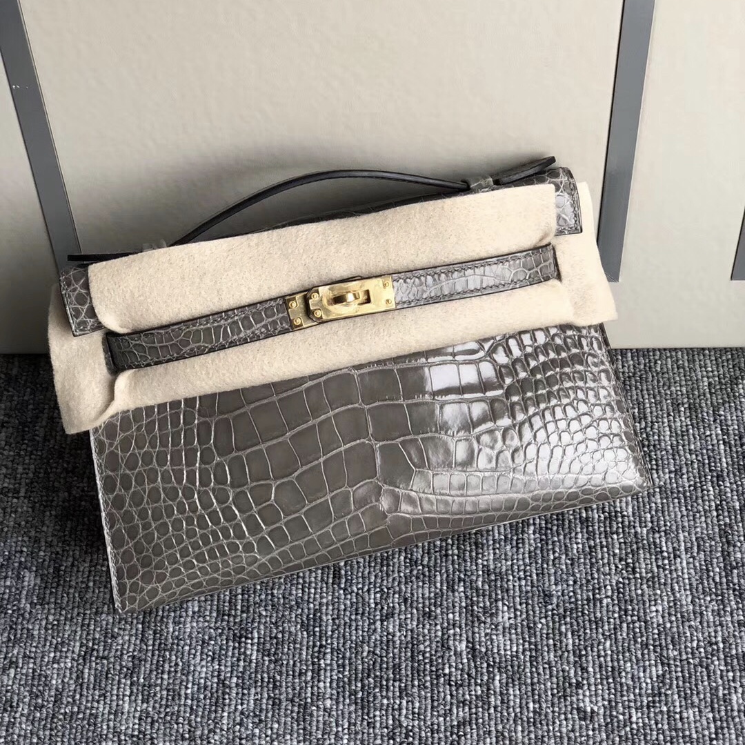 Hermes Mini Kelly Pochette 美洲鱷 6Q翡翠綠Vert Emeraude ck81斑鳩灰