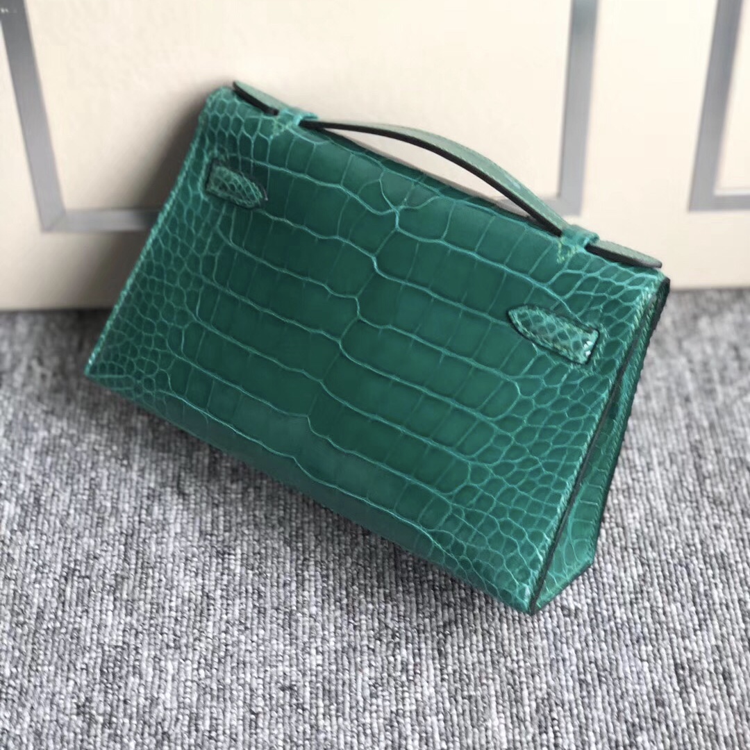 Hermes Mini Kelly Pochette 美洲鱷 6Q翡翠綠Vert Emeraude ck81斑鳩灰