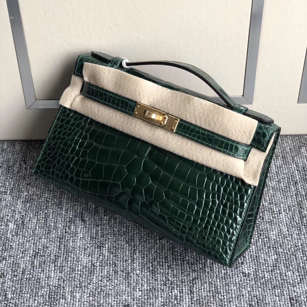 Hermes Mini Kelly Pochette CK67 祖母綠 Vert Fonce 供珠美洲鱷