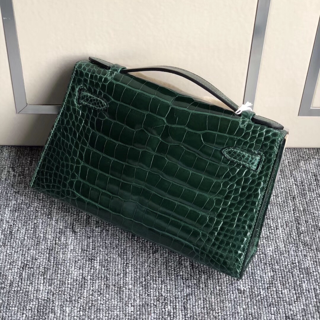 Hermes Mini Kelly Pochette CK67 祖母綠 Vert Fonce 供珠美洲鱷