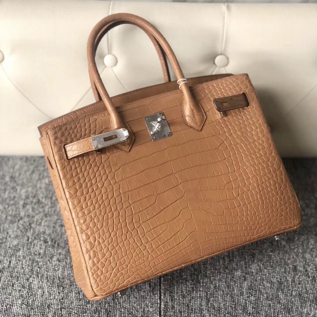 新北市愛馬仕Hermes Birkin 30cm cc24 奶茶色 tabac camel 霧面方塊 美洲鱷魚